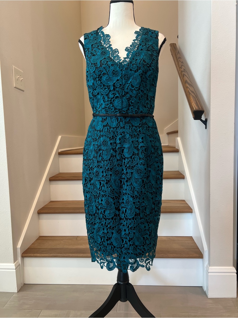 Aidan Mattox Teal Lace Midi Sheath Dress